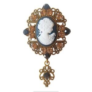Vintage Inspired‎ Black Acrylic Crystal Cameo Brooch in Aged Gold Tone